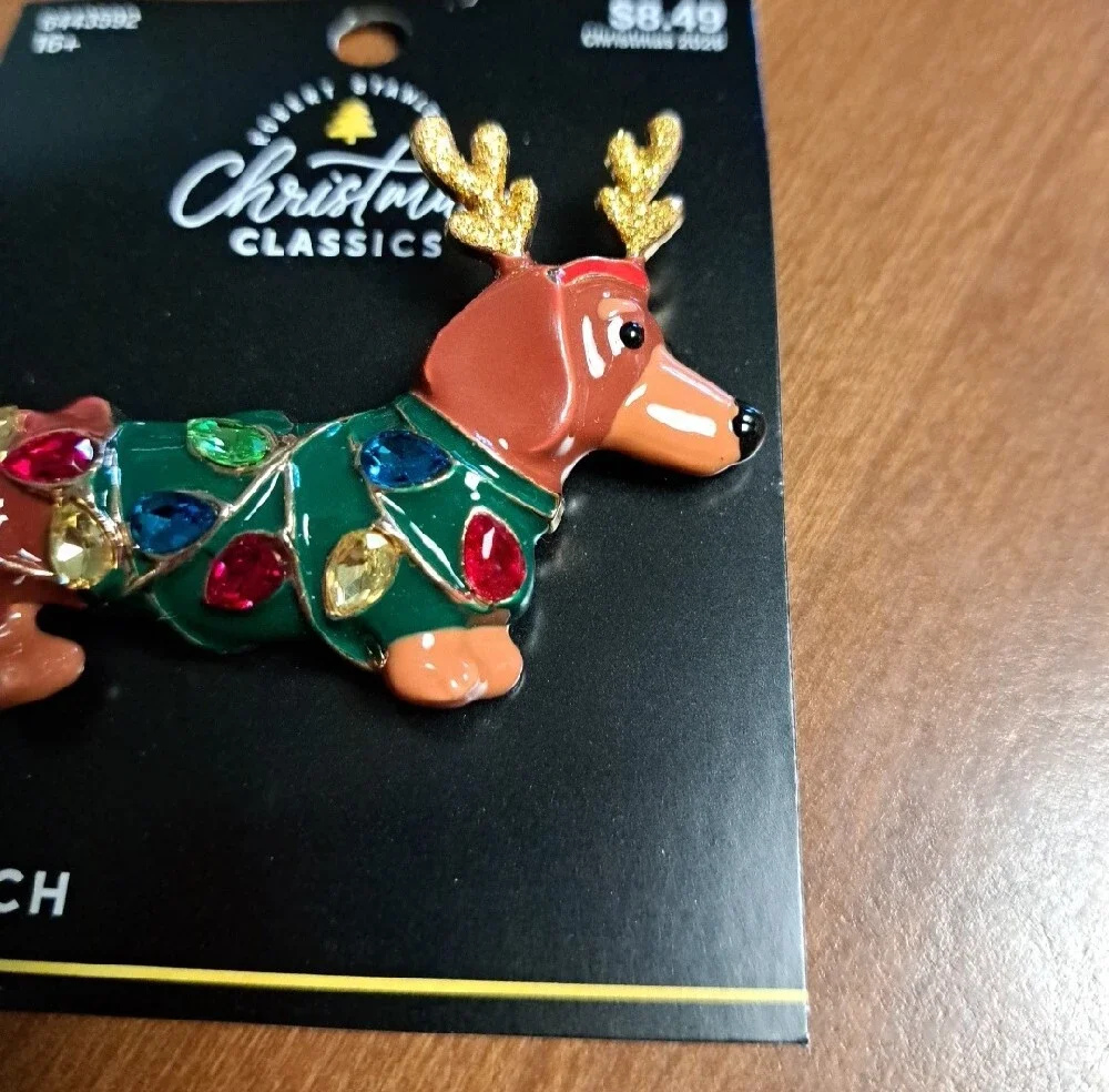 Christmas Reindeer Dachshund Brooch - Green & Brown
